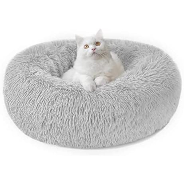 Calming Dog Cat Bed Donut - 19.69'' Anxiety Dog Bed Small, Fluffy Round Cat Anti Anxiety Beds for Indoor Cats, Cute Warm Pet Bed with Waterproof Bottom for Dogs Cats, Washable M(19.69''/50cm), Light Gray