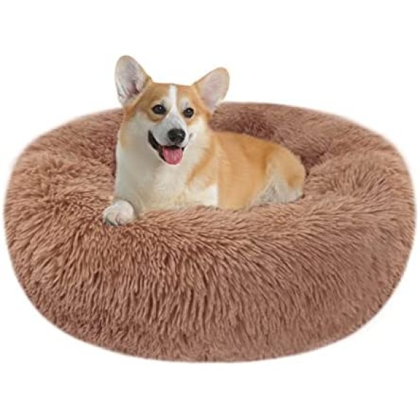 Calming Dog Cat Bed Donut - 23.62'' Anxiety Dog Bed Medium, Fluffy Round Cat Anti Anxiety Beds for Indoor Cats, Cute Warm Pet Bed with Waterproof Bottom for Dogs Cats, Washable L(23.62''/60cm), Coffee