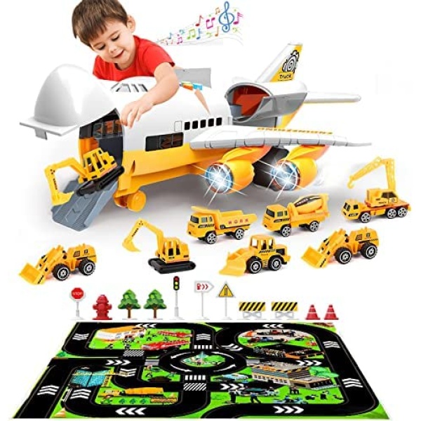 Car Toys Set with Transport Cargo Airplane Educational Construction Toys Trucks Set for 3 4 5 6 Year Old Boys Kids Girls 23.6x23.4 Inch Play Mat, 6 trucks,1 Large Plane, 11 Road Signs, 1 User’s Manual