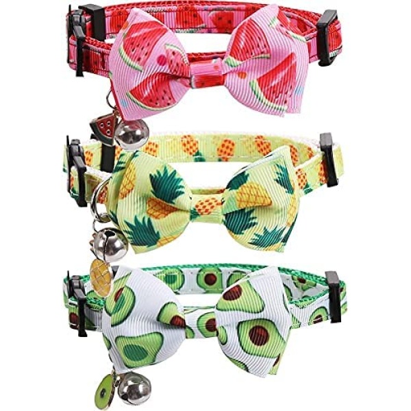 Cat Collars 3 Pack/Set Cat Collar Collier Chat Breakaway with Bell and Bow Tie for Kitty Kitten Adjustable Safety Bowknot Pet Bowtie Fruit Design