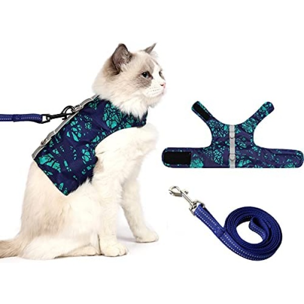 Cat Harness and Leash for Walking Escape Proof Air Mesh Fabric Outdoor Walking Vest with Reflective Strips for Cute Cats and Small Dogs (XL, Dark Green)