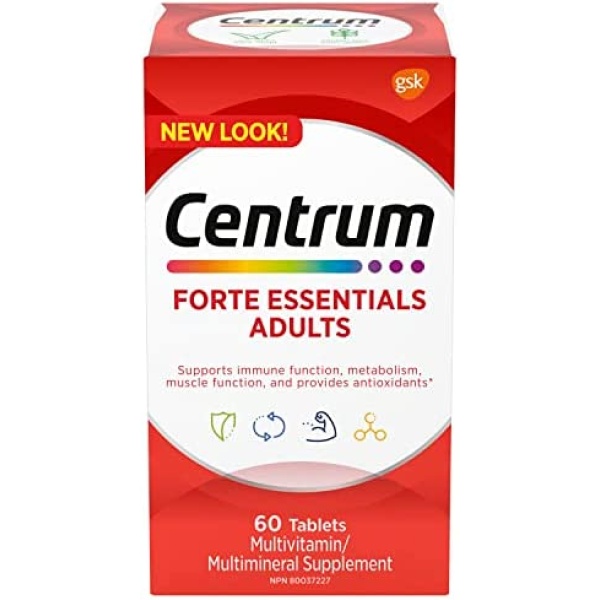 Centrum Adult Forte Essentials Mulitvitamins/Minerals Supplement for Men & Women, 60 Tablets (Packaging May Vary)