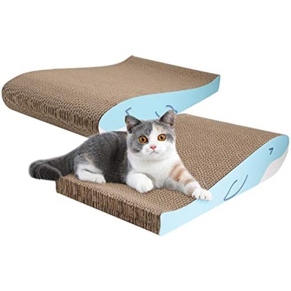 ComSaf Durable Cat Scratcher Cardboard, Inclined Kitty Scratching Lounge, Recyclable Corrugate Scratching Bed, Cat Scratcher Pad for Furniture Protection, Cat Training Toy, Whale Design, Pack of 2