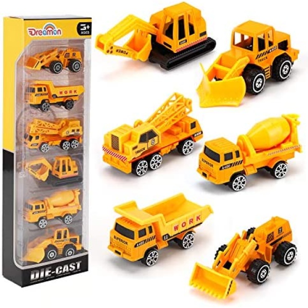 Construction Vehicle Alloy Truck Mini Pocket Size Models Play Cars Toy Trucks for Boys Age 3 4 5, Kids Party Favors Cake Decorations Topper Birthday Gift, 6Pcs Set Excavator Bulldozer