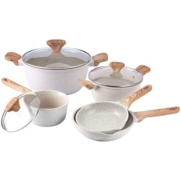 Country Kitchen Nonstick Induction Cookware Sets - 8 Piece Nonstick Cast Aluminum Pots and Pans with BAKELITE Handles - Non-Toxic Pots and Pans- Speckled Cream with Light Wood Handles