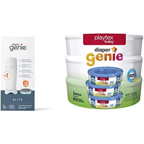 Diaper Genie Elite Diaper Pail System with Front Tilt Pail for Easy Diaper Disposal, White, Packaging may vary & Diaper Pail System Refills, 3 pack