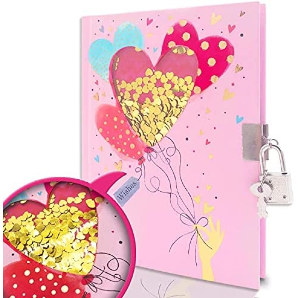 Diary with Lock for Girl, 7.1 x 5.1'' 160 Lined Pages Journal Intime Pour Filles Avec Cadenas, Shakable Sequin Journal Secret Notebook for Kids Ages 5 6 7 8 9 10 Gifts (Heart)