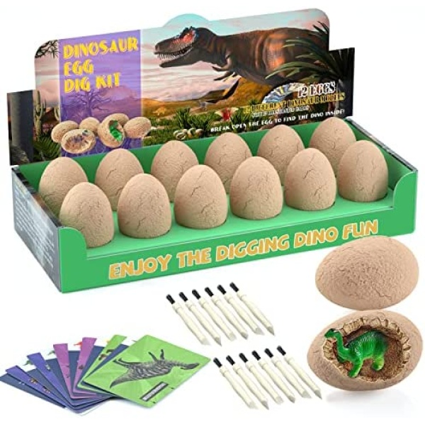 Dinosaur Eggs Excavation Dig Kit - Dinosaur Toys for Kids - Break Open 12 Dinosaur Eggs and Discover 12 Cute Dinosaurs - Archaeology Preschool Science STEM Crafts Birthday Gifts for Boys Girls