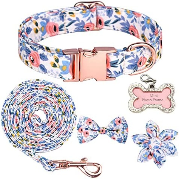 Dog Collar and Leash Set, Cute Detachable Bow Tie and Flower, Girl Dog Collar with Handwrite Dog Tag for Girl Boy Dog Collar and Leash (S, Blue)