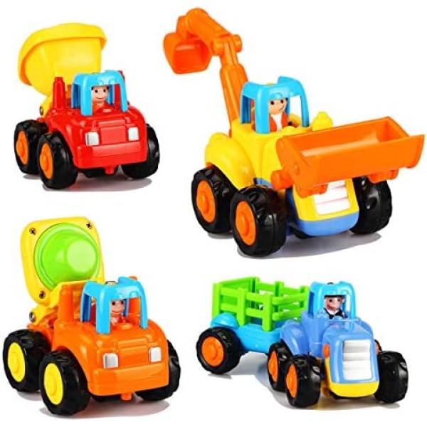 Dreampark 4 Pack Friction Powered Cars, Construction Vehicles Toy Set Push and Go Play Dump Truck Cement Mixer Bulldozer Tractor for 2 3 4 Year Old Kids, Early Educational Cartoon Gift for Toddlers