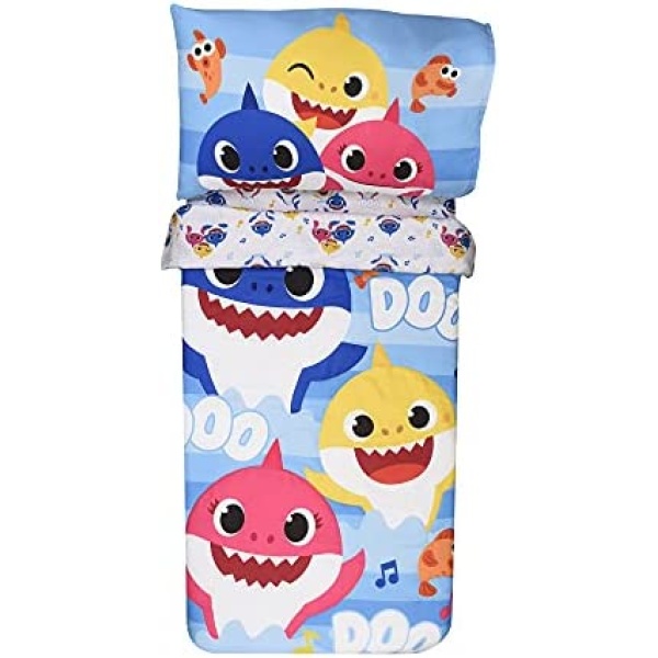 EXPRESSIONS Baby Shark Toddler Bedding Set (3 Piece Set, Fits Standard Crib Mattress) Includes Microfiber Reversible Comforter, Fitted Sheet, Pillowcase for Kids (Official Baby Shark Product)