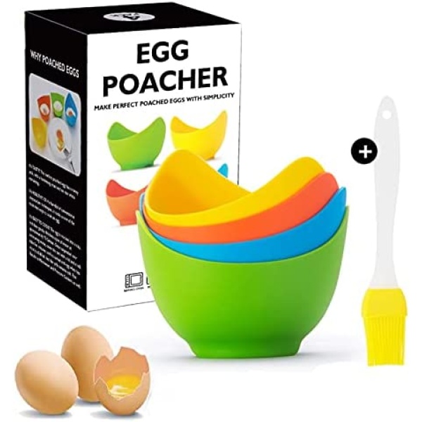 Egg Poacher - Easy Silicone Egg Poacher Cups with Ring Standers，Food Grade Poached Egg Poacher Insert Microwav,Poached Eggs Accessory cookware Poached Egg Maker with Extra Oil Brush, BPA Free, 4 Pack