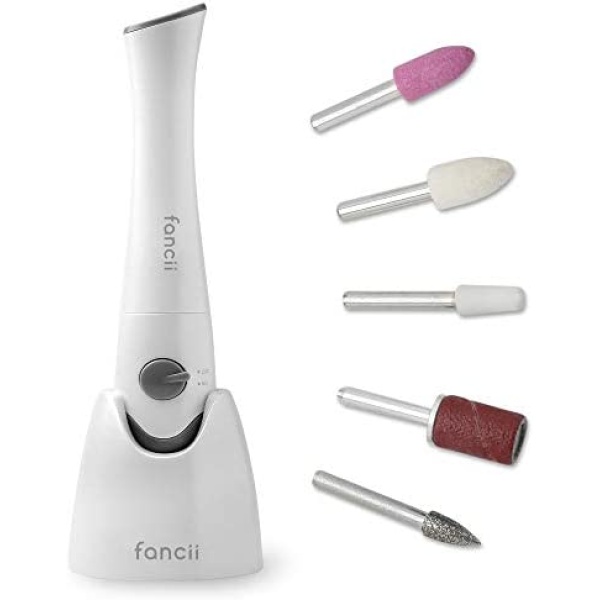 Fancii Manicure & Pedicure Nail File Set with Stand, Battery Operated - The Complete Portable Electric Nail Drill System with Buffer, Polisher, Shiner, Shaper and UV Dryer (Soft Grey)