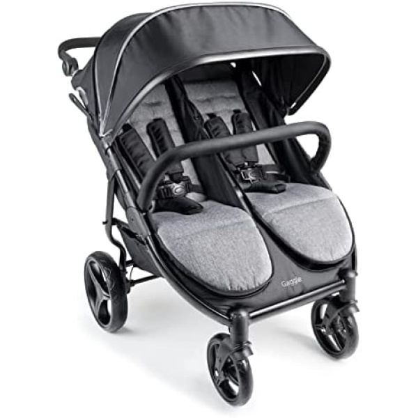 Foundations Gaggle Roadster Double Stroller, 2 Seat Stroller for Toddlers with Stroller Canopy, 5 Point Black Harness Safety Restraint System, Portable Stroller (Black/Gray)