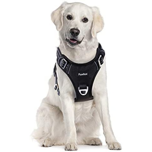 Funfox No Pull Dog Harness for Large Dogs, Adjustable Dog Vest Harness for Easy Walking with Reflective Strips, Front Clip Easy Control Large Breed Dog Stop Pulling Black