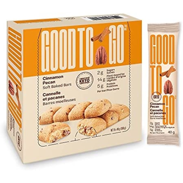 GOOD TO GO Cinnamon Pecan Soft Baked Bars, 40g x 9 Bars; Non GMO, Certified Keto, Grain Free, Peanut Free, Gluten Free, B-Corp