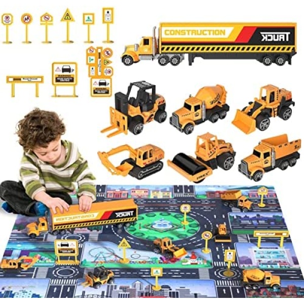 Garbo Star Construction Vehicle Truck Toys Playset w/ Play Mat, Diecast Alloy Engineering Trucks Toys - 7 Mini Engineer Cars, Playmat & 8 Road Signs, Toy Trucks Set for Boys Age 2 3 3-5 4-7