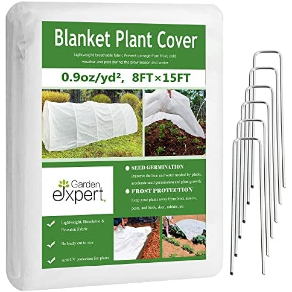 Garden Expert Plant Covers Freeze Protection Floating Row Cover 0.9oz Fabric Frost Cloth Plant Blanket for Plants & Vegetables in Winter(8FTx15FT,with 6 PCS Staples Stakes)