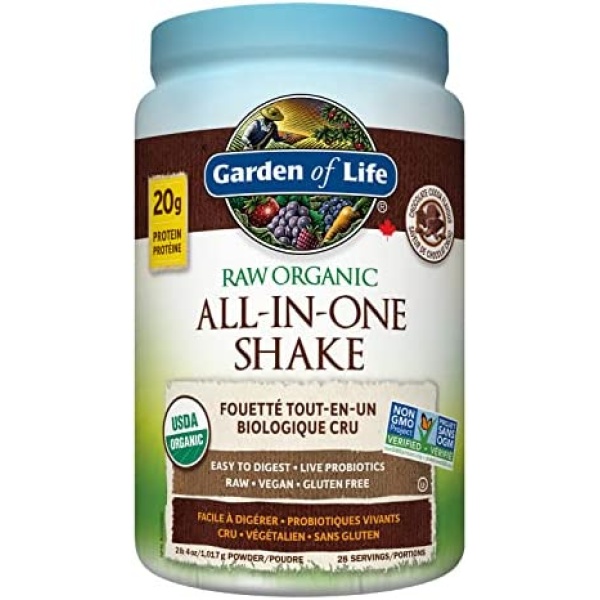 Garden of Life Raw All-in-One Nutritional Shake, Chocolate Cocoa, (28 servings- 1017g) Packed with 20 grams of Certified Organic Plant Protein packed with incredible nutrition to help build lean muscle. Assists in the building of lean muscle when combined with regular training and a healthy balanced diet