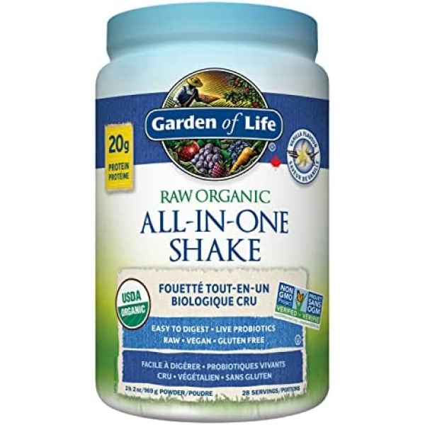 Garden of Life Raw All-in-One Nutritional Shake, Vanilla, (28 servings- 969g.) Packed with 20 grams of Certified Organic Plant Protein packed with incredible nutrition to help build lean muscle.Assists in the building of lean muscle when combined with regular training and a healthy balanced diet