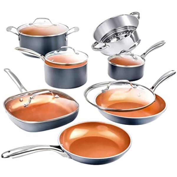 Gotham Steel Pots and Pans Set, Long Lasting Non Stick Cookware Set, 12 Piece Kitchen Set with Pot Set, Pan Set and Steamer, Ceramic Coated, Ultra Durable, Oven and Dishwasher Safe, 100% Toxin Free