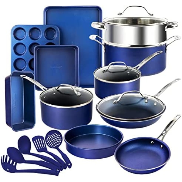 Granitestone Blue Pots and Pans Set, 20 Pc Non Stick Cookware Set, Long Lasting Nonstick Kitchen Set with Pan Set Pot Set Baking Set, Mineral Coated, Stay Cool Handles, Dishwasher Safe, Toxin Free