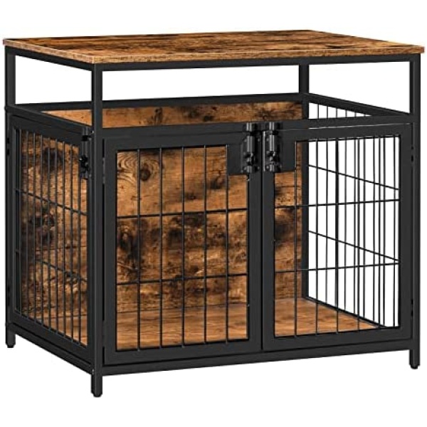 HOOBRO Dog Crate Furniture, Wooden Dog Crate, Dog Kennels with 3 Doors Indoor, Decorative Mesh Pet Crate End Table for Medium/Small Dog, Chew-Resistant Dog House, Rustic Brown and Black BF63GW03