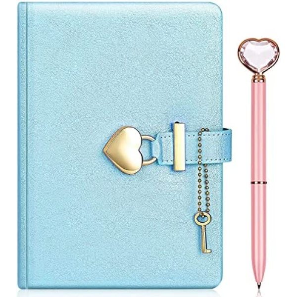 Heart Shaped Lock Diary with Key+Heart Pen Set,PU Leather Journal Personal Organizers Planner Secret Notebook for Women Girls(Blue)