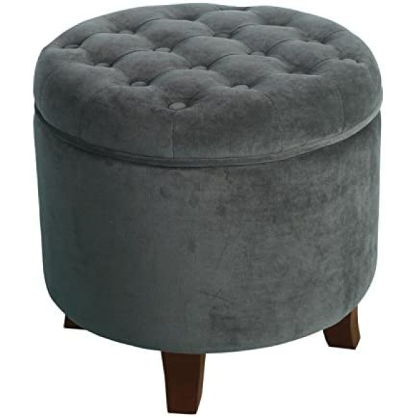 Homepop Home Decor | Upholstered Round Velvet Tufted Foot Rest Ottoman | Ottoman with Storage for Living Room & Bedroom | Decorative Home Furniture, Dark Gray