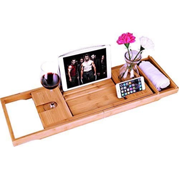 Hossejoy Bamboo Bathtub Caddy Tray Wooden Bath Tray with Extending Arms, Reading Rack, Tablet Holder, Cellphone Tray and Wine Glass Holder