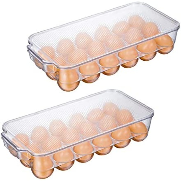 JINAMART Stackable Plastic Egg Holder for Refrigerator, Fridge Fresh Eggs Organizer Tray with Lid & Handles, Deviled Egg Storage Drawer for Countertop, Containers, Stores 18 Egg, Clear (Set of 2)