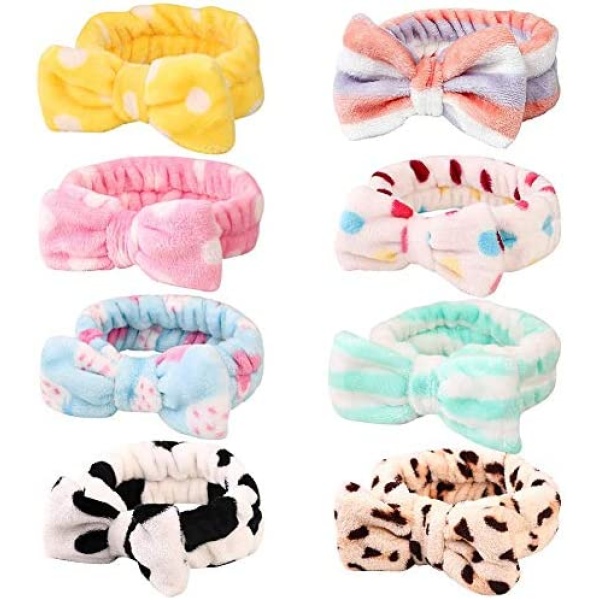 KECUCO 8 Pcs Spa Headband Soft Bow Hair Band Skincare Headbands for Washing Face Women Facial Makeup Headband Cute Head Wraps for Spa Shower Makeup Whasing Face (Multicolor A)