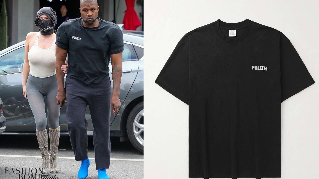 Kanye West Was Spotted in Los Angeles with Wife Bianca Censori in a Vetements Shirt with Shoulder Pads and Blue Sock Shoes