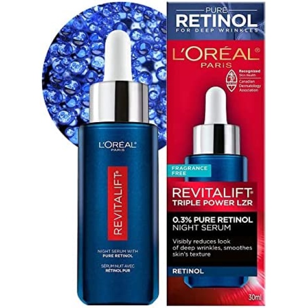 L’Oréal Paris Night Retinol Serum for Face, Revitalift Triple Power LZR, With 0.3% Pure Retinol, Moisturizes Skin and Eliminates Look of Deep Wrinkles, Skincare, 30 ml