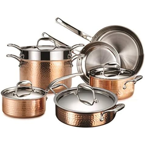 Lagostina Premium Martellata Tri-Ply Hammered Copper 11 Pc Kitchen Pots And Pans Cookware Set, Copper, (Q986Sb64)