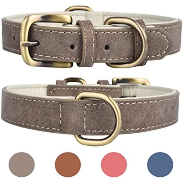 Leather Dog Collar for for Small Medium Large Dogs Soft Breathable Padded Puppy Collar with Double D-Ring Adjustable Durable Strong Collar