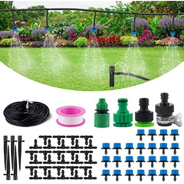 MSDADA 82ft/25m Drip Irrigation Kits, Garden Irrigation Accessories, Automatic Plant Watering System with 1/4” Blank Distribution Tubing Hose, Set for Garden Greenhouse Patio Lawn Flower Bed(Blue)