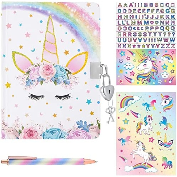 Magic Unicorn Journal Set - Glitter Diary Gift for Girls Kids School Travel Private Notebook Hardcover A5 Memos Writing Drawing Notepad Ballpoint Pen Stickers with Lock and Keys