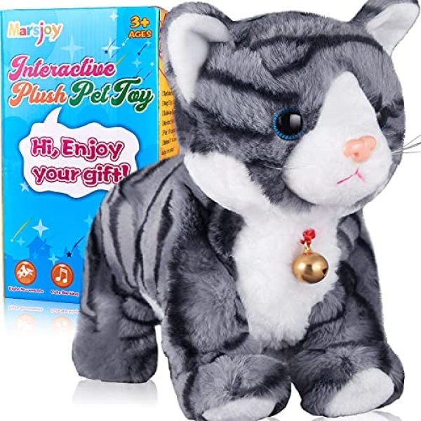 Marsjoy Pattern Gray Robot Cat Plush Cat Stuffed Animal Interactive Cat, Meow Kitten Touch Control, Electronic Cat Pet, Robotic Cat Cat Kitty Toy, Animated Toy Cats for Girls Baby Kids L:12"