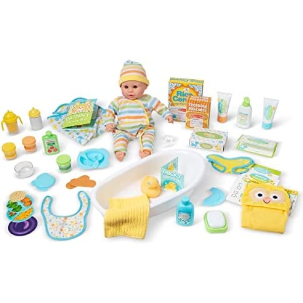 Melissa & Doug Mine to Love Deluxe Baby Care Play Set (48 Pieces – Doll + Accessories to Feed, Bathe, Change, and Cuddle)