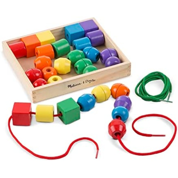 Melissa & Doug Primary Lacing Beads - Educational Toy With 30 Wooden Beads and 2 Laces, Beads For Toddlers, Fine Motor Skills Lacing Toys For Toddlers And Kids Ages 3+