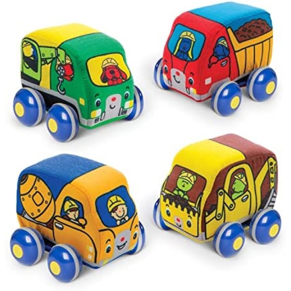 Melissa & Doug Pull-Back Construction Vehicles - Soft Baby Toy Play Set of 4 Vehicles | Soft Toy Cars For Infants, Construction Toys, Pull Back Cars For Babies Ages 9m+