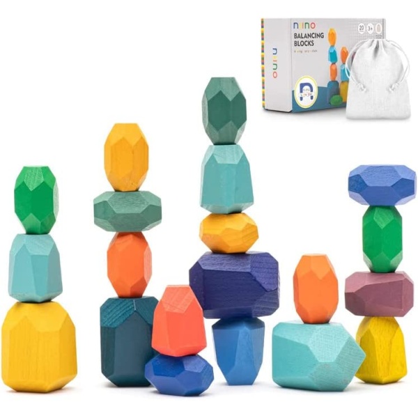 Niino 20 Pcs Wooden Blocks-Wooden Stone Balancing Blocks Wood Stacking Toys Montessori Learning Toy Building Blocks Stacking Rocks Colorful Natural Rainbow Stacking Sensory Toy…