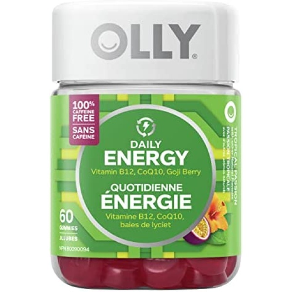 OLLY Daily Energy Gummy Supplement 100% caffeine-free energy vitamins Tropical Passion blend of vitamin B12, CoQ10 & Goji Berry 30 day supply 60 gummies