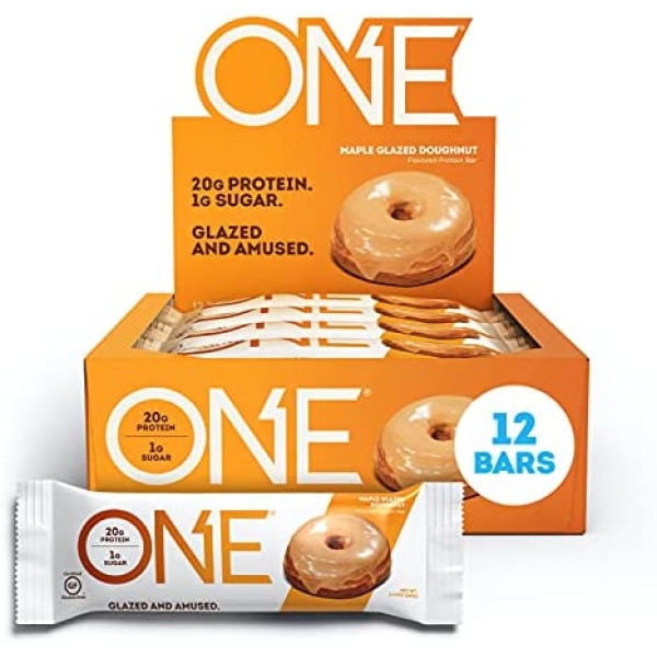 ONE Protein Bars, Maple Glazed Doughnut, Gluten Free Protein Bars with 20g Protein and only 1g Sugar, Snacking for High Protein Diets, 60g (12 Pack) [Packaging May Vary]