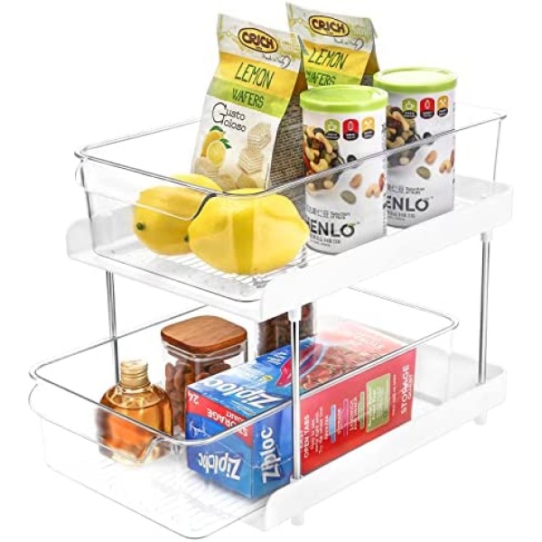 Oberitiny 2 Tier Clear Organizer Slide Out Drawer Storage Bins with Handle for Cabinet, Under Sink, Kitchen, Bathroom Organization and Storage