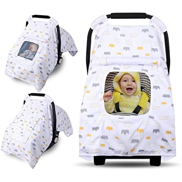 Ouamvh Baby Car Seat Cover, Infant Carseat Canopy with 2 Layers Windows, Carrier Covers for Babies with Breathable Mesh Peep Window, Soft Stroller Cover Shower Gift for Newborn Boys Girls (Forest animals)