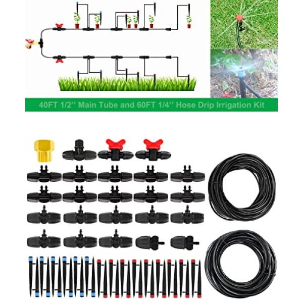 POANES Drip Irrigation Kit, 100FT Garden Watering System with 40FT 1/4 inch and 60FT 1/2 inch Blank Distribution Tubing Hose Distribution Tubing Adjustable Nozzle Emitters Sprinkler Barbed Fittings