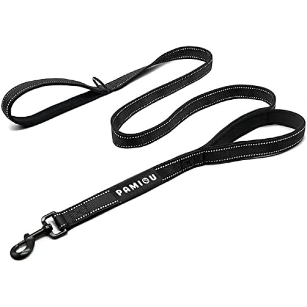 Pamiou 6FT Basic Dog Leash with Two Control Handles, Light Reflective Rope Heavy Duty Dog Leads for Small Medium and Large Dogs (Black)