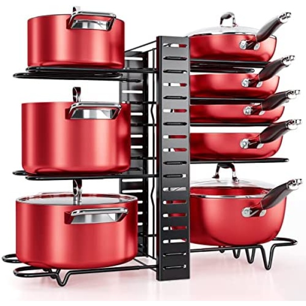 Pan Organizer Rack for Cabinet, Pot Rack with 3 DIY Methods, Adjustable Pots and Pans Organizer Under Cabinet with 8 Tiers, Large & Small Pot Organizer Rack for Cabinet Kitchen Cookware Organizer